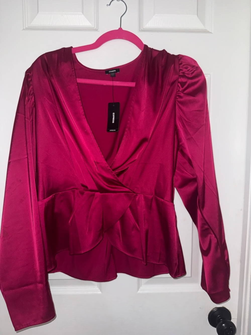 Express Satin Wrap Peplum Blouse - Fuchsia